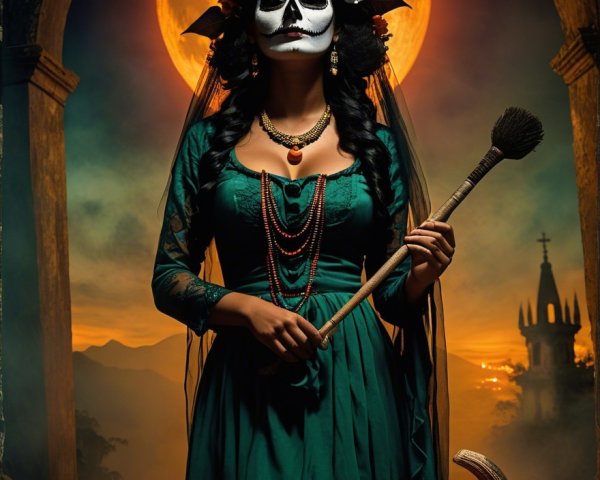 Haunting Figure in Emerald Gown with Moonlit Backdrop