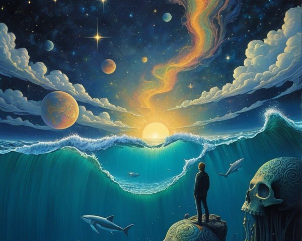 Surreal Landscape of Skulls and Cosmic Sky