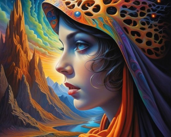 Mystical Woman with Cosmic Headpiece and Vivid Colors