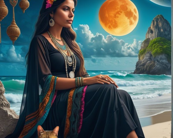 Serene Woman in Black Dress on a Dreamy Beach