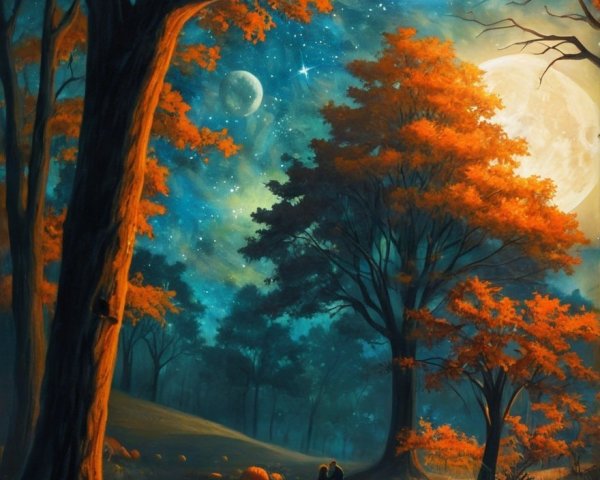 Couple Walking in a Vibrant Autumn Forest at Night