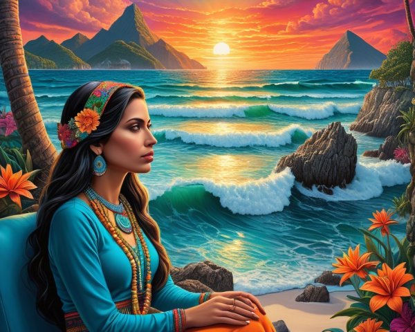 Serene Woman at Vibrant Beach During Sunset