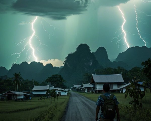 Winding Dirt Road Through Village and Rice Fields