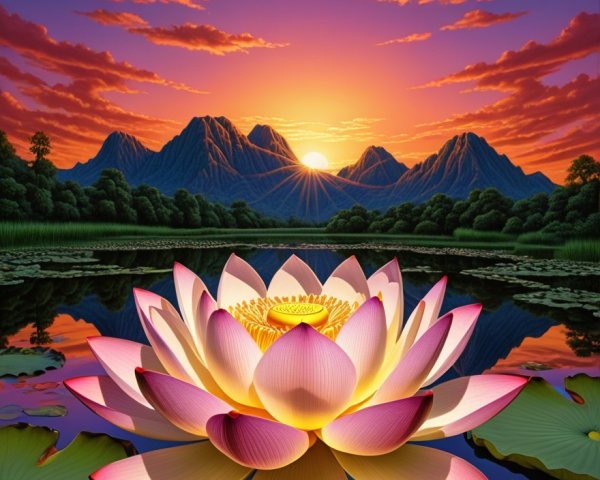 Lotus Flower at Sunset Over Serene Lake and Mountains
