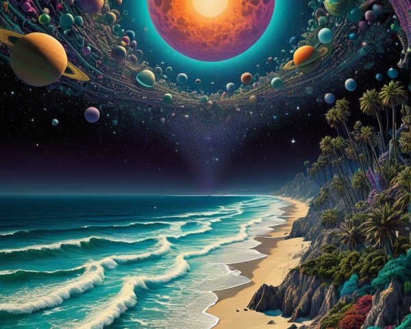 Cosmic Landscape Merges with Serene Beach Scene