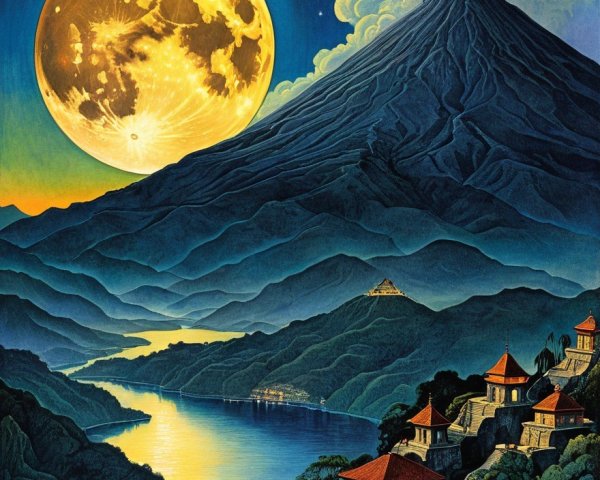 Serene Landscape with Moonlit River and Cozy Houses