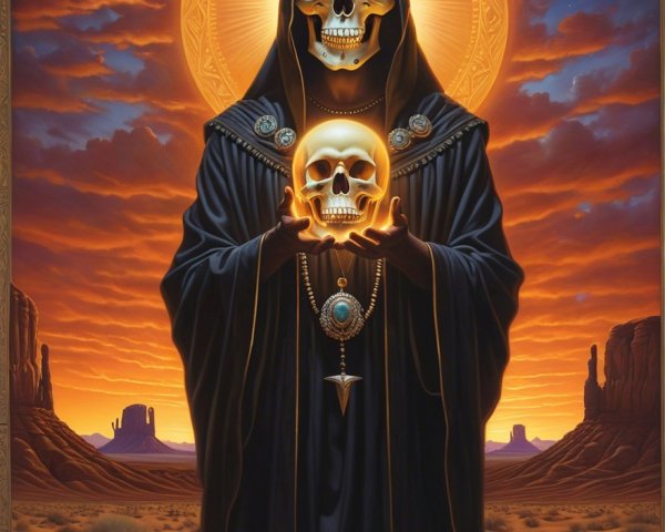 Cloaked Figure with Glowing Skull at Desert Sunset