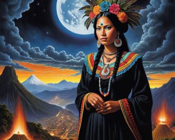 Woman in Traditional Attire Against Dramatic Landscape