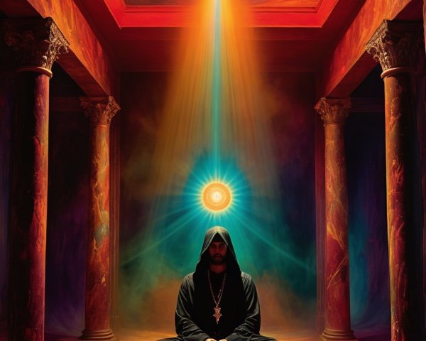 Cloaked Figure Meditating in Mystical Colorful Setting