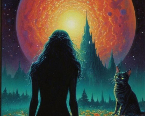 Surreal Landscape with Woman, Castle, and Planet