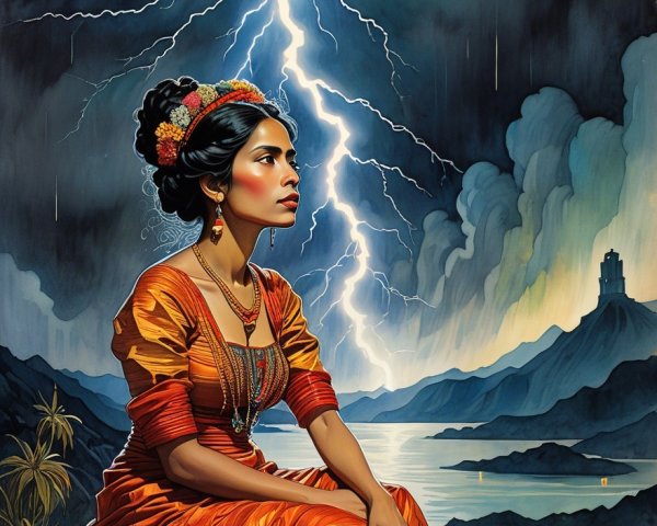 Woman in Orange Dress on Rocky Ledge with Stormy Sky