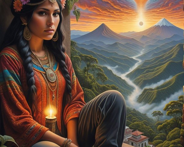 Serene Woman in Traditional Clothing with Candle in Nature