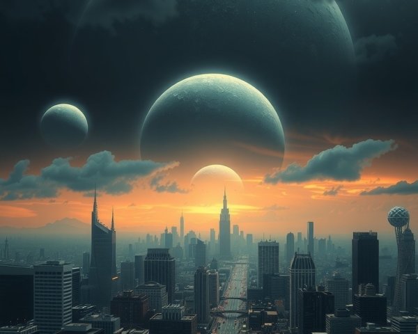 Futuristic Cityscape with Dramatic Sunset and Moons