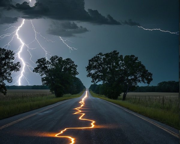 Dramatic Storm Scene on an Empty Road with Lightning