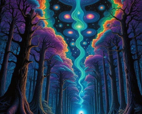 Vibrant Forest Scene with Cosmic Backdrop and Light Beam