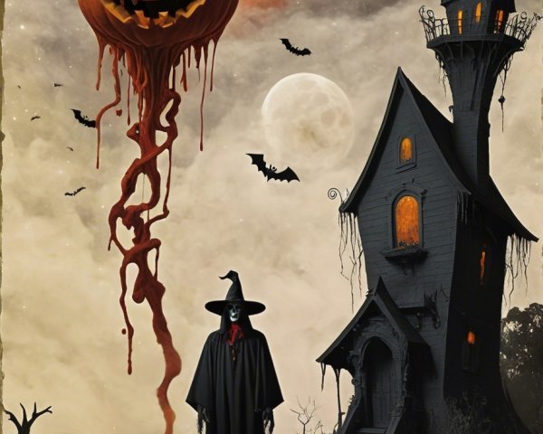 Mysterious figure by crooked mansion with eerie jack-o'-lantern