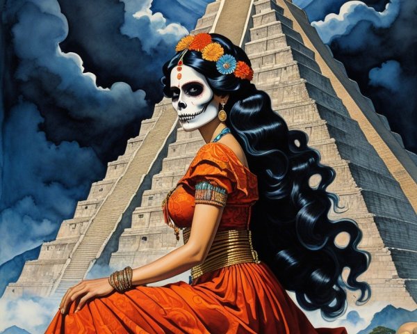Woman in Red Dress with Skull Face by Pyramid at Night