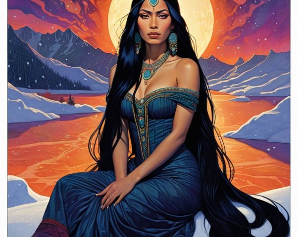 Mystical Woman by Serene Lake Under Full Moonlight