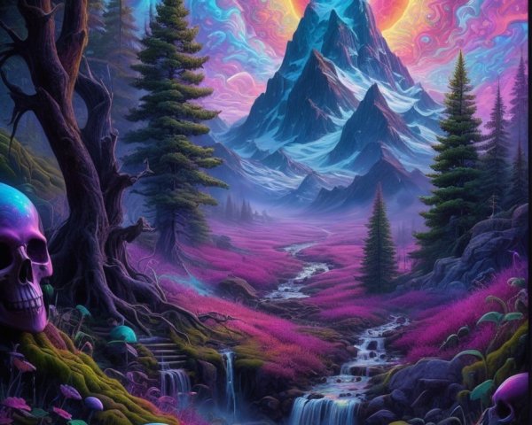 Surreal Landscape with Mountains and Colorful Flora