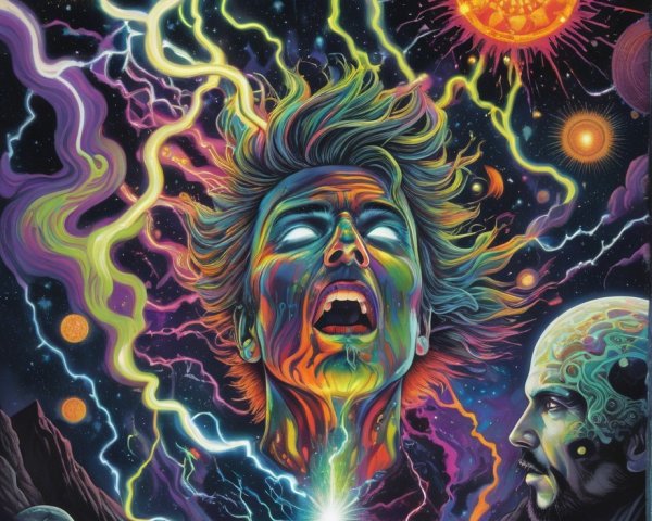 Vibrant Cosmic Scene with Emotion and Surreal Elements