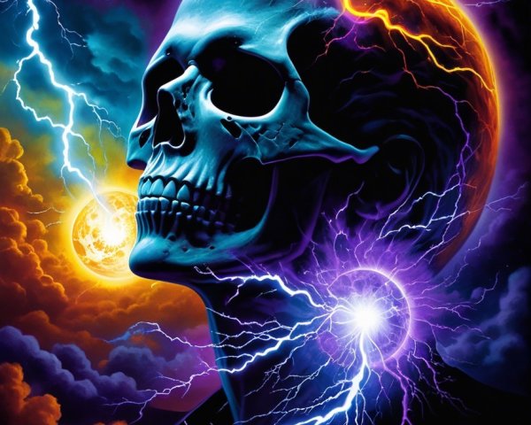 Vivid Skull Against Cosmic Backdrop with Electric Bolts
