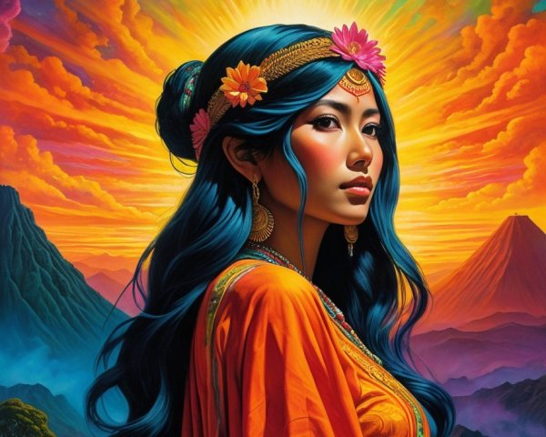 Vibrant Portrait of Young Woman with Blue Hair and Flowers