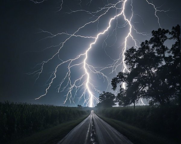 Dramatic Nighttime Storm Over Rural Road and Cornfields