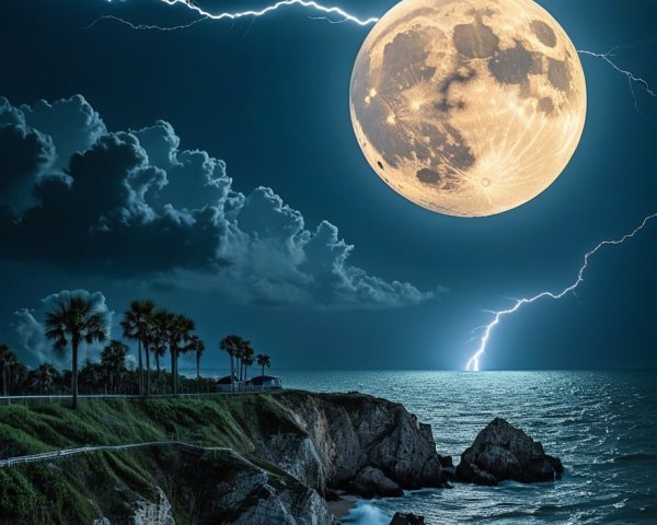 Dramatic Night Scene with Full Moon and Ocean Waves