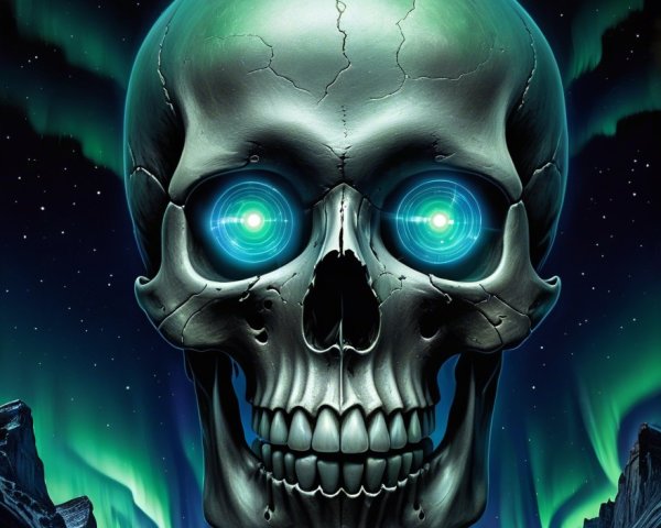 Metallic Skull with Glowing Eyes Under Starry Sky