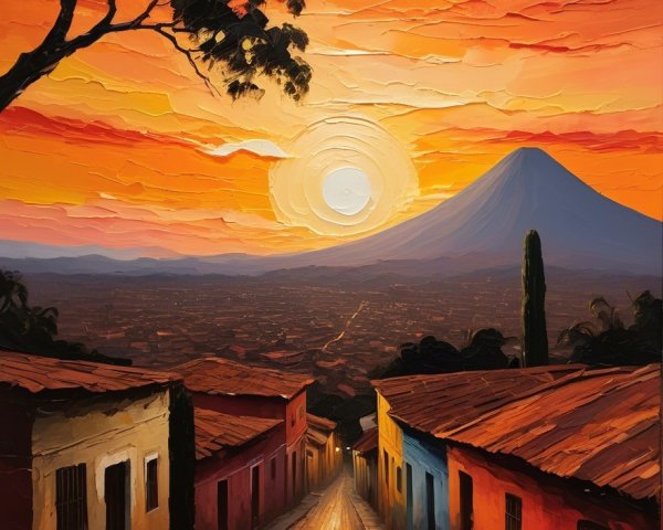 Vibrant sunset over a winding street with houses and volcano