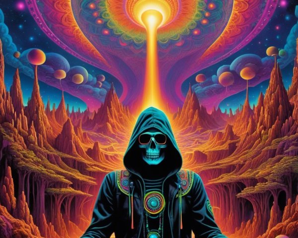 Hooded Figure in Surreal Vibrant Landscape with Light