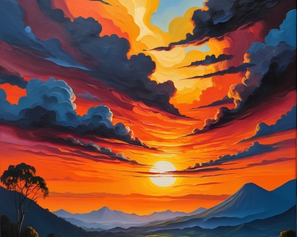 Vibrant Landscape with Sunset and Distant Mountains