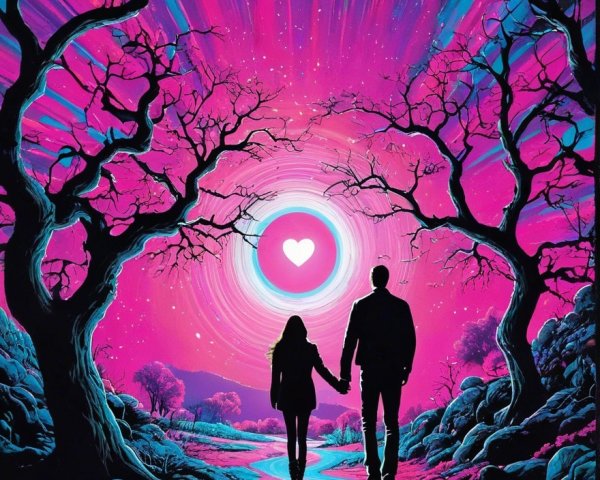 Couple Walking Through Dreamlike Landscape with Heart
