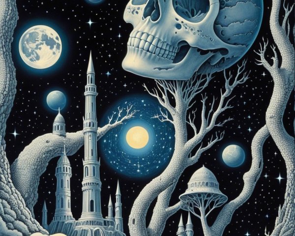 Surreal landscape with giant skull and ethereal towers