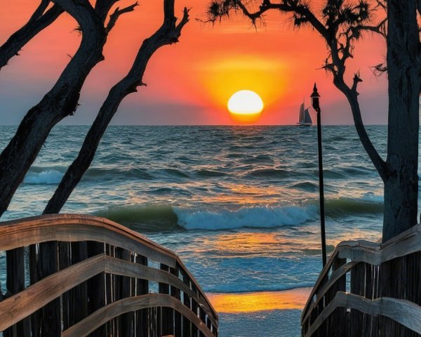 Vibrant Sunset Over Ocean with Silhouetted Trees