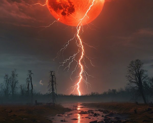 Dramatic Scene Under Red Moon and Stormy Sky