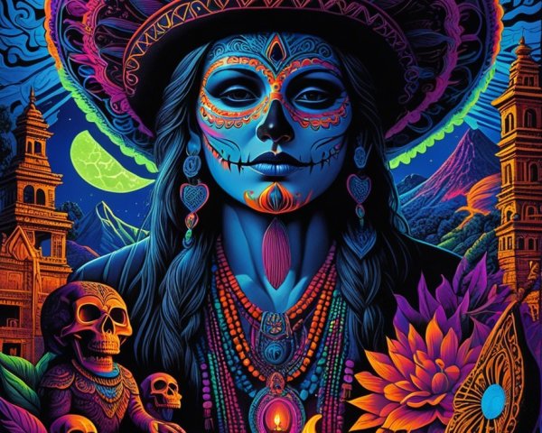 Psychedelic Artwork of Woman in Traditional Attire