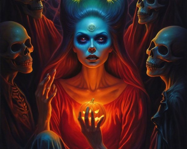 Mystical Scene with Blue-Skinned Woman and Pumpkin