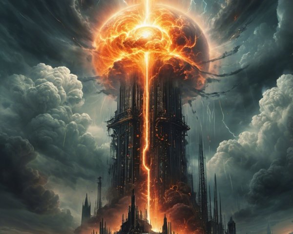 Towering Structure Under Dramatic Sky and Explosion