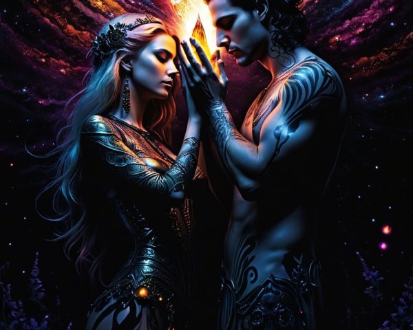 Couple with Tattoos in Cosmic Setting and Vibrant Colors