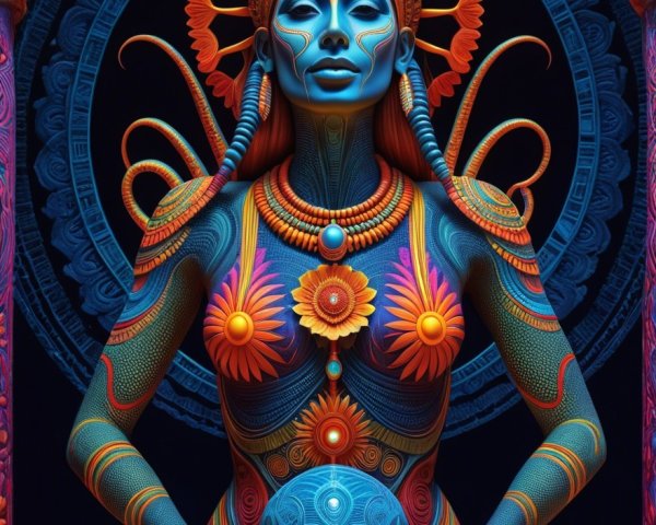 Vivid Body Paint Figure with Skull and Floral Motifs