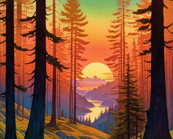 Serene Forest Landscape at Sunset with Vibrant Colors