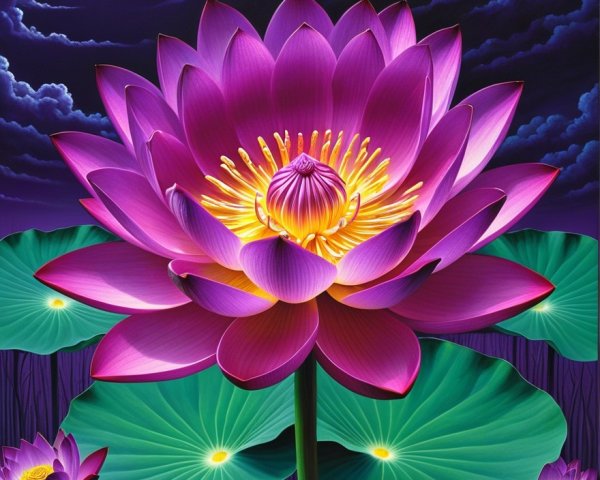 Vibrant Purple Lotus Flower Under Moonlight