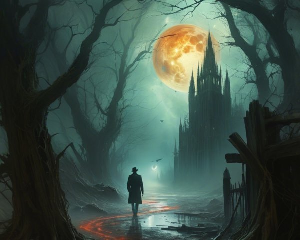 Mysterious Figure on Lava Path in Dark Forest