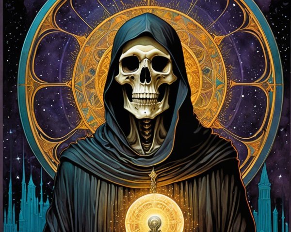Skeletal Figure in Dark Robes Against Cosmic Background
