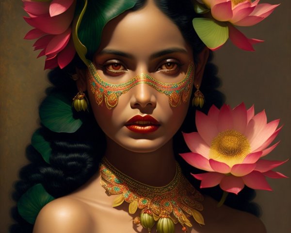 Portrait of a Woman with Lotus Flowers and Jewelry