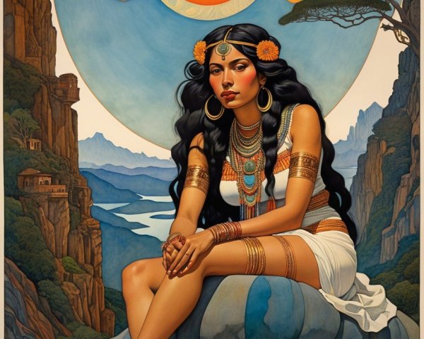 Woman in traditional attire seated on a rock in nature