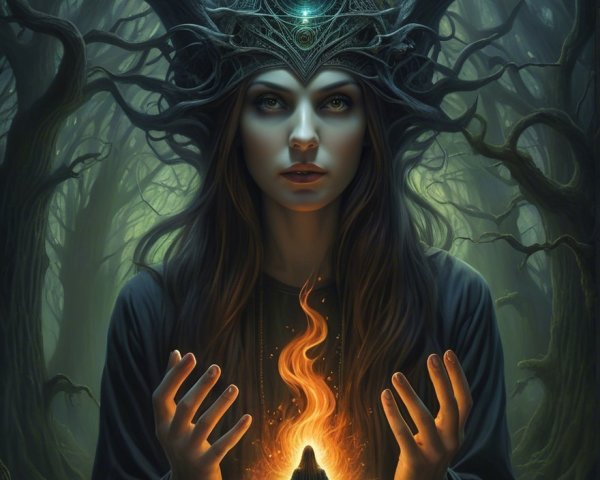 Mystical forest scene with a powerful horned woman