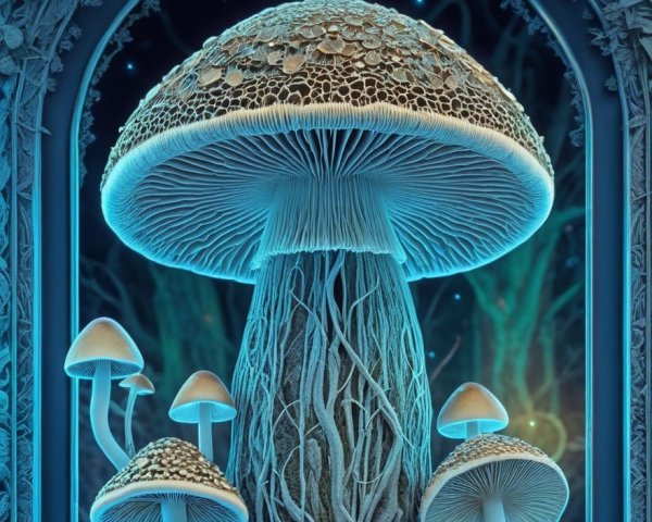 Intricate Mushroom Scene with Mystical Backdrop