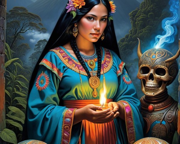 Woman in Traditional Attire with Candle and Skulls